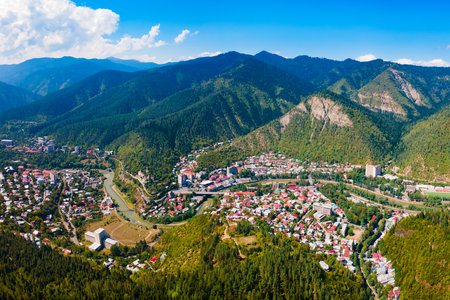 Borjomi aerial panoramic view. Borjomi is a resort town in Samtskhe Javakheti region of Georgia.の写真素材