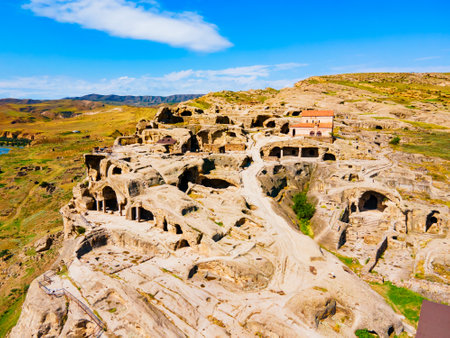 Uplistsikhe aerial panoramic view. Uplistsikhe is an ancient rock hewn town near Gori in Shida Kartli region of Georgiaの写真素材