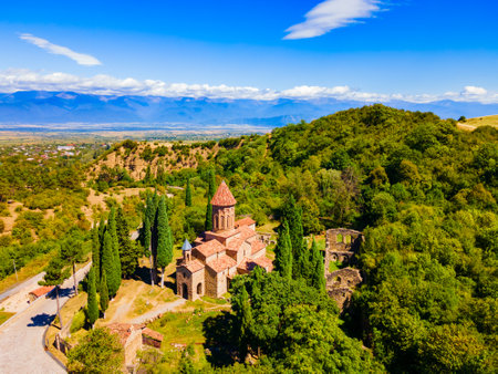 Ikalto Monastery Complex aerial panoramic view in Kakheti. Kakheti is a region in eastern Georgia with Telavi as its capital.の写真素材