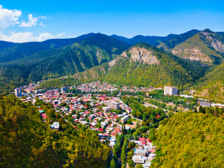 Borjomi aerial panoramic view. Borjomi is a resort town in Samtskhe Javakheti region of Georgia.の写真素材