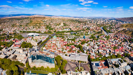 Tbilisi old town aerial panoramic view. Tbilisi is the capital and the largest city of Georgia, lying on the banks of the Kura River.の写真素材