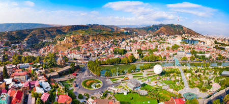 Tbilisi old town aerial panoramic view. Tbilisi is the capital and the largest city of Georgia, lying on the banks of the Kura River.の写真素材
