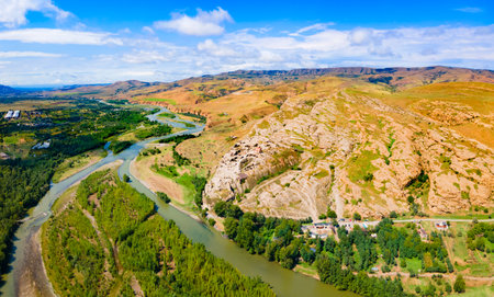 Uplistsikhe aerial panoramic view. Uplistsikhe is an ancient rock hewn town near Gori in Shida Kartli region of Georgiaの写真素材