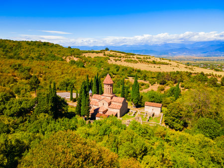 Ikalto Monastery Complex aerial panoramic view in Kakheti. Kakheti is a region in eastern Georgia with Telavi as its capital.の写真素材
