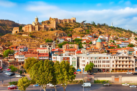 Tbilisi old town aerial panoramic view. Tbilisi is the capital and the largest city of Georgia, lying on the banks of the Kura River.のeditorial素材