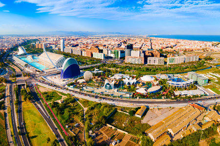 Valencia, Spain - October 15, 2021: The City of Arts and Sciences or Ciudad de las Artes y las Ciencias aerial panoramic view. It is a cultural and architectural complex in Valencia city, Spain.のeditorial素材