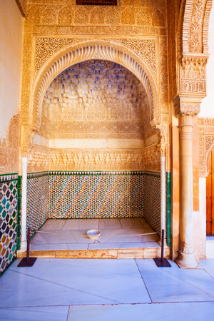 Granada, Spain - October 20, 2021: The Alhambra Palace interior. Alhambra is a fortress complex located in Granada city, Andalusia region in Spain.のeditorial素材