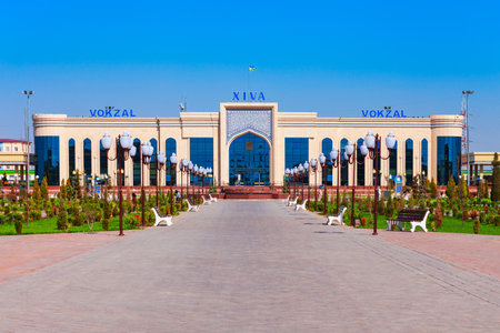 Khiva, Uzbekistan - April 15, 2021: Xiva Vokzal building is the main passenger railway station in Khiva city, Uzbekistanのeditorial素材