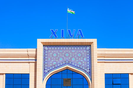 Khiva, Uzbekistan - April 15, 2021: Xiva Vokzal building is the main passenger railway station in Khiva city, Uzbekistanのeditorial素材