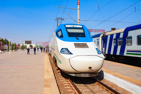 Bukhara, Uzbekistan - April 16, 2021: Afrosiyob or Afrosiab is a high speed electric train operated on the Tashkent - Samarkand line at Bukhara station, Uzbekistanのeditorial素材