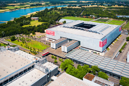 DUSSELDORF, GERMANY - JULY 02, 2018: Dusseldorf Messe trade fair ground and Esprit arena stadium in Dusseldorf city in Germanyのeditorial素材