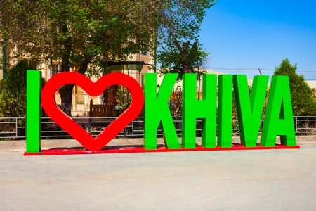 Khiva, Uzbekistan - April 15, 2021: Volumetric inscription I Love Khiva at the Ichan Kala, an ancient walled inner town of the city of Khiva in Uzbekistanのeditorial素材