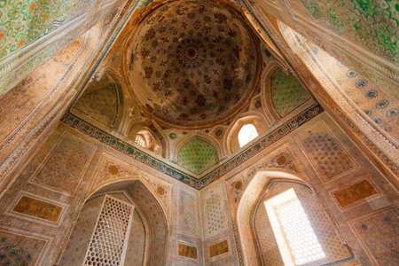 Shahrisabz, Uzbekistan - April 19, 2021: Dorut Tilovat Complex ornament pattern design interior - Sheikh Shamsiddin Kulol and Gumbazi Saidon Mausoleums in Shahrisabz, Uzbekistanのeditorial素材