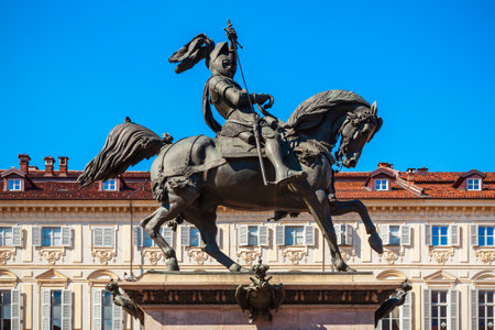 TURIN, ITALY - APRIL 08, 2019: Piazza San Carlo is a main square in Turin city, Piedmont region of northern Italyのeditorial素材