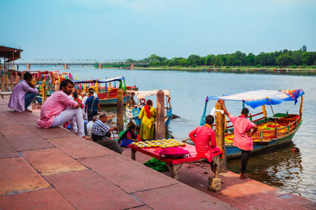 MATHURA, INDIA - SEPTEMBER 20, 2019: Boats at the Vishram Ghat of Yamuna river in Mathura city in Indiaのeditorial素材