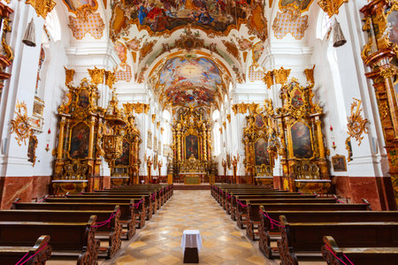 Landsberg am Lech - July 03, 2021: Holy Cross Church or Heilig Kreuz Kirche interior in Landsberg am Lech town in southwest Bavaria, Germanyのeditorial素材