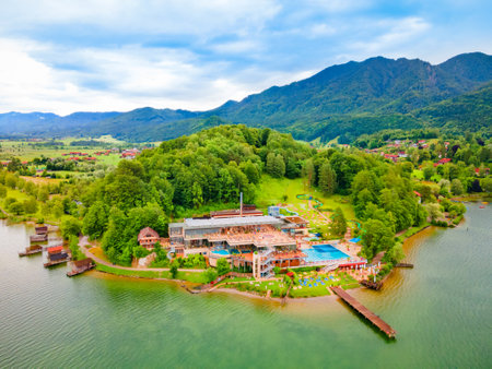 Kochel am See, Germany - July 01, 2021: Kristall Therme trimini aerial panoramic view. It is a thermal spa complex in Kochel am See at the Kochelsee or Lake Kochel in Bavaria, Germany.のeditorial素材