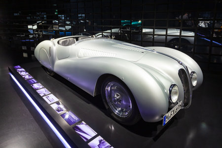 Munich, Germany - July 08, 2021: 1939 BMW 328 Mille Miglia Roadster, produced from 1936 to 1940 in BMW Museum. It is car museum of BMW history near the Olympiapark in Munich, Germanyのeditorial素材