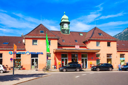 Garmisch-Partenkirchen, Germany - July 03, 2021: Garmisch Partenkirchen railway station building in Garmisch-Partenkirchen town in Bavaria, southern Germanyのeditorial素材