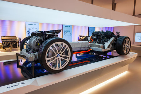 Munich, Germany - July 08, 2021: BMW E-engine Emp 242.130 model in BMW Museum. It is an automobile museum of BMW history located near the Olympiapark in Munich, Germanyのeditorial素材