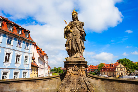 Bamberg, Germany - July 12, 2021: Empress Kaiserin Kunigunde Statue at Untere Brucke Bridge in Bamberg old town. Bamberg is a town on the river Regnitz in Bavaria, Germanyのeditorial素材