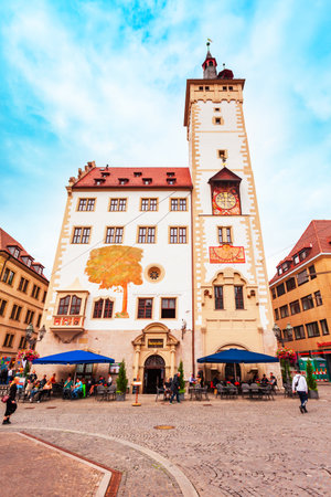 Wurzburg, Germany - July 11, 2021: Old Town Hall or Rathaus in Wurzburg old town. Wurzburg or Wuerzburg is a city in Franconia region of Bavaria state, Germany.のeditorial素材