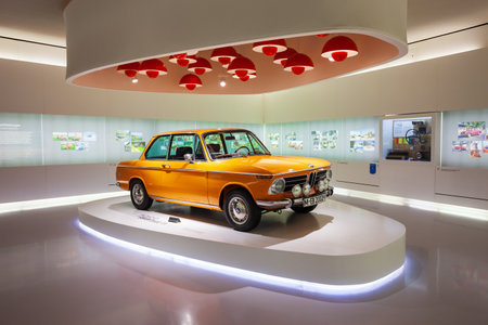 Munich, Germany - July 08, 2021: BMW 2002 Ti 1968 in BMW Museum. It is an automobile museum of BMW history located near the Olympiapark in Munich, Germany.のeditorial素材