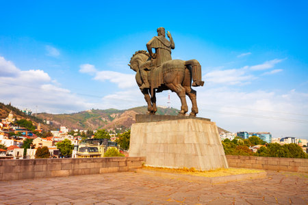 Tbilisi, Georgia - August 31, 2021: King Vakhtang Gorgasali Statue near Metekhi Church in Tbilisi old town. Tbilisi is the capital and the largest city of Georgia on the Kura River.のeditorial素材