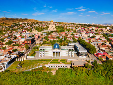 Tbilisi, Georgia - September 04, 2021: Ceremonial Palace of Georgia or Presidential Administration aerial panoramic view in Tbilisi town. Tbilisi is the capital city of Georgia.のeditorial素材