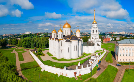 Dormition or Holy Assumption Cathedral aerial panoramic view in Vladimir city, Golden Ring of Russiaのeditorial素材