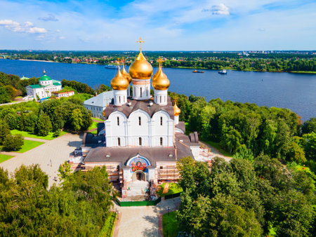 Assumption Cathedral or Uspensky Sobor aerial panoramic view in Yaroslavl city, Golden Ring of Russiaのeditorial素材