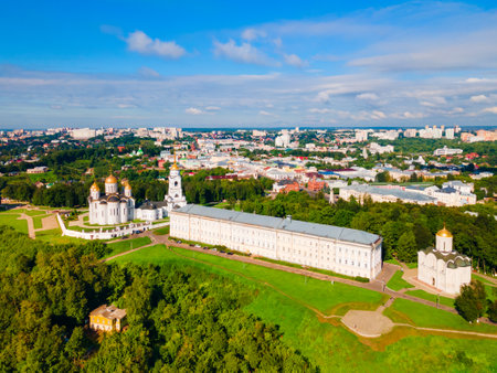 Dormition or Holy Assumption Cathedral and Saint Demetrius Cathedral aerial panoramic view in Vladimir city, Golden Ring of Russiaのeditorial素材