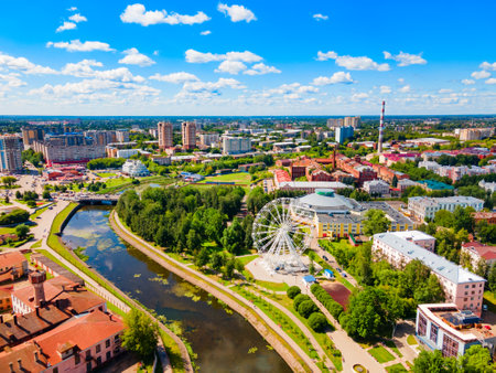 Ivanovo city and Uvod river aerial panoramic view, Golden Ring of Russiaのeditorial素材
