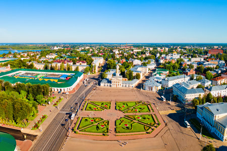Susaninskaya square and Volga river aerial panoramic view in Kostroma city, Golden Ring of Russiaのeditorial素材