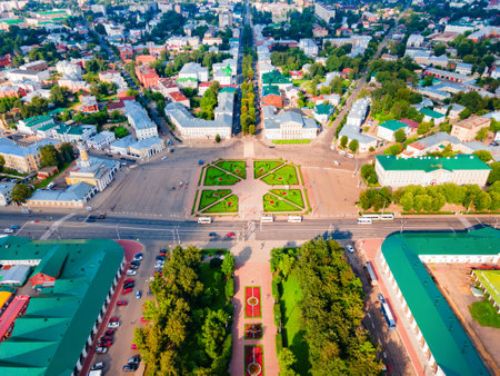 Susaninskaya square aerial panoramic view. Susaninskaya is a main square in Kostroma city, Golden Ring of Russia.のeditorial素材