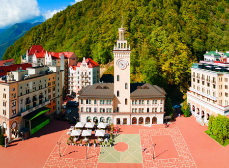 Town Hall aerial panoramic view in Rosa Khutor. Rosa Khutor is an alpine ski resort located near Krasnaya Polyana town in Sochi region, Russiaのeditorial素材