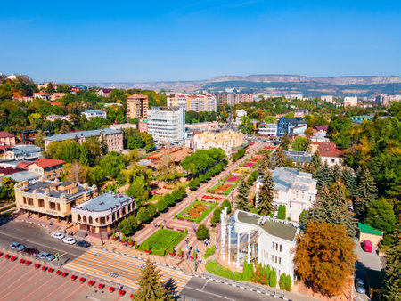 Kislovodsk Kurortny Boulevard aerial panoramic view. Kislovodsk is a spa city in Caucasian Mineral Waters region, Stavropol Krai, Russia.のeditorial素材