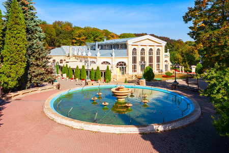 Central fountain at Theatre or Teatralnaya Square near Kurortny park in Yessentuki, a spa city in Caucasian Mineral Waters region, Stavropol Krai in Russiaのeditorial素材