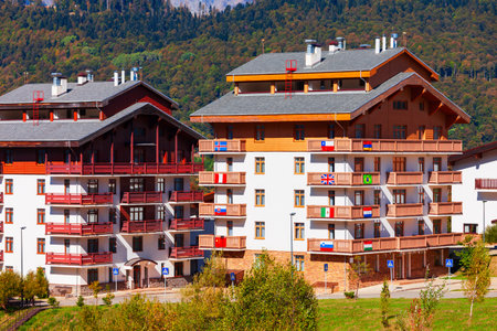 Buildings in Rosa Plateau mountain village. Rose Plateau and Roza Khutor are alpine ski resorts near Krasnaya Polyana town in Sochi region, Russia.のeditorial素材