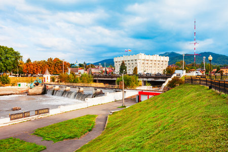 City administration building at the Terek river embankment in the centre of Vladikavkaz city, North Ossetia Alania, Russiaのeditorial素材