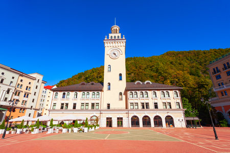 Town Hall in the centre of Rosa Khutor. Rosa Khutor is an alpine ski resort located near Krasnaya Polyana town in Sochi region, Russiaのeditorial素材