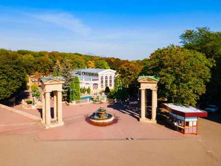 Central fountain aerial view at Theatre or Teatralnaya Square near Kurortny park in Yessentuki, a spa city in Caucasian Mineral Waters region, Stavropol Krai in Russiaのeditorial素材