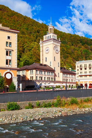 Town Hall in the centre of Rosa Khutor. Rosa Khutor is an alpine ski resort located near Krasnaya Polyana town in Sochi region, Russiaのeditorial素材