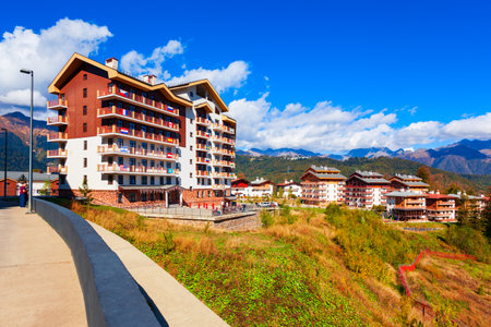 Buildings in Rosa Plateau mountain village. Rose Plateau and Roza Khutor are alpine ski resorts near Krasnaya Polyana town in Sochi region, Russia.のeditorial素材