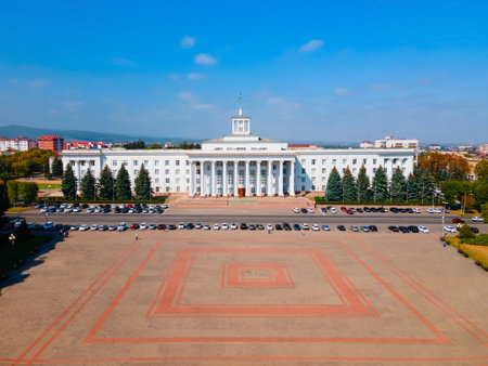 Government House of the KBR administration aerial panoramic view, Concord Square in Nalchik, the capital city of the Kabardino-Balkarian Republic in Russia.のeditorial素材