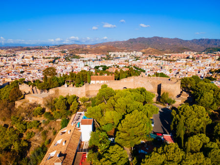 Castillo de Gibralfaro Fortress aerial panoramic view in Malaga. Malaga is a city in the Andalusia community in Spain.のeditorial素材