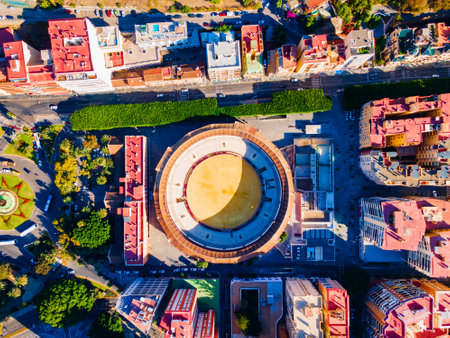 Bullring or plaza de toros building aerial panoramic view in Malaga. Malaga is a city in the Andalusia community in Spain.のeditorial素材