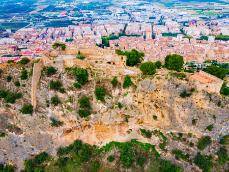 Xativa Castle aerial panoramic view. Castillo de Jativa is a castle located in the city of Xativa near Valencia in Spain.のeditorial素材