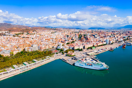 Malaga city port aerial panoramic view. Malaga is a city in the Andalusia community in Spain.のeditorial素材