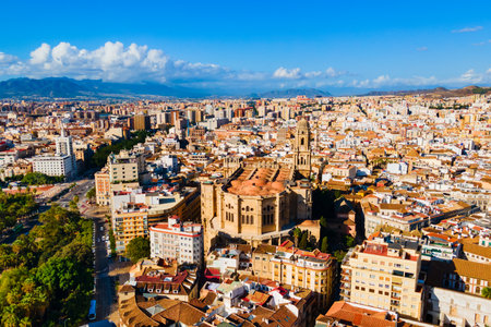 Malaga Cathedral aerial panoramic view. The Cathedral of Malaga is a Roman Catholic church in Malaga city in the Andalusia community in Spain.のeditorial素材